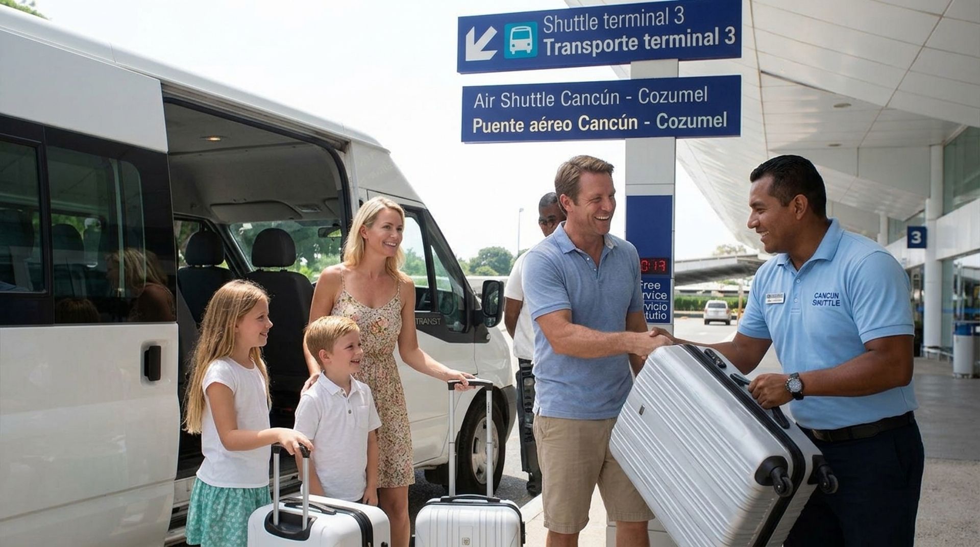Un conductor de Be Free recibe a una familia con su equipaje en el aeropuerto de Cancún