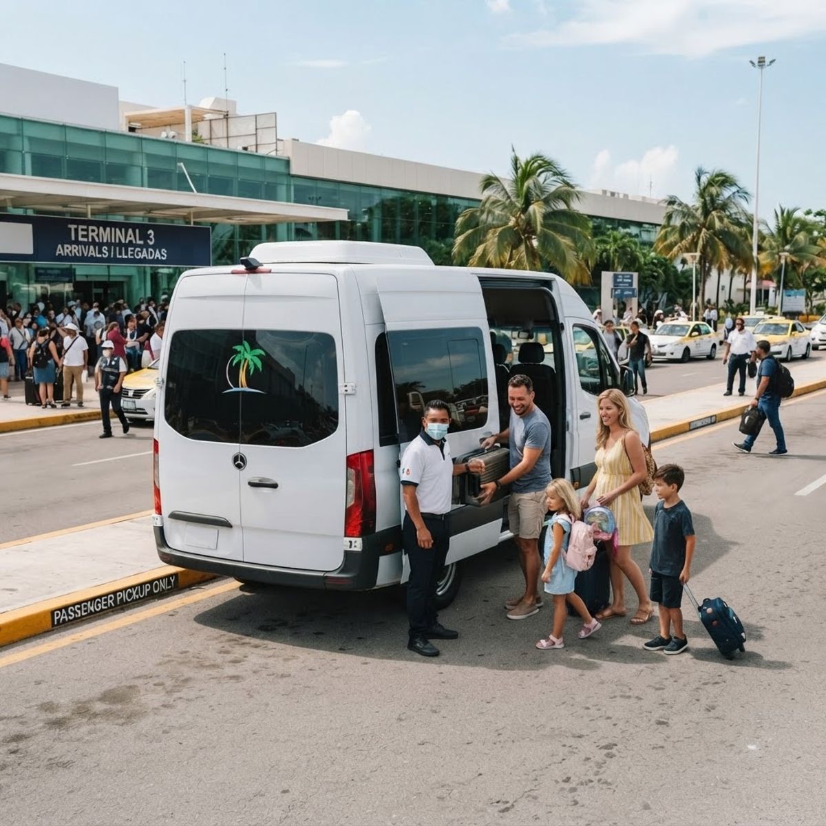 Un conductor de Be Free sube el equipaje de una familia a una camioneta en la Terminal 3 del aeropuerto de Cancún